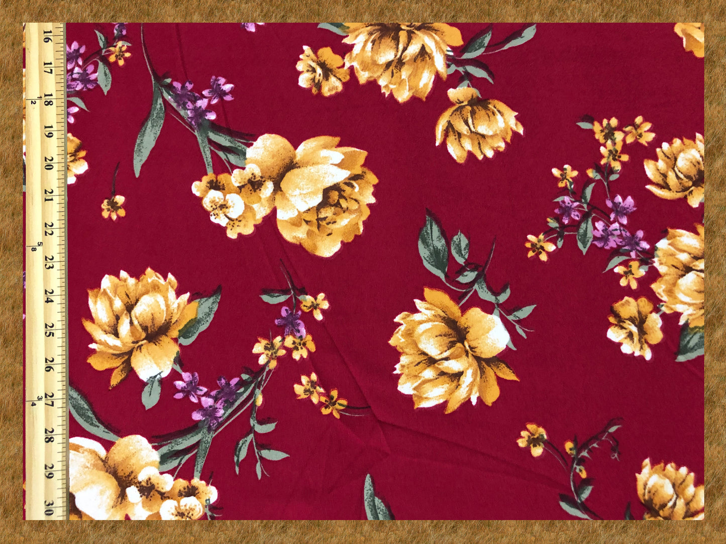Techno Crepe Knit Fabric – Silky Drape, 4-Way Stretch, Wrinkle-Resistant, 56″, 240 GSM – Burgundy/Gold Floral with Lilac – Sold by the Yard (TCRP023)