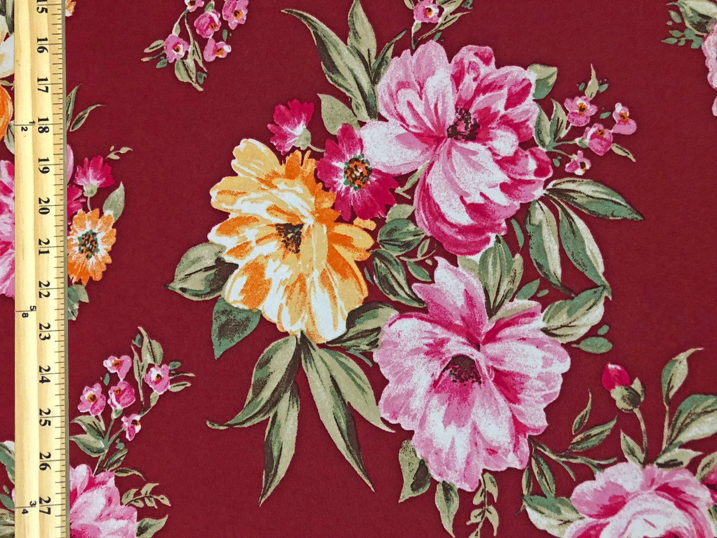 Techno Crepe Knit Fabric – 4-Way Stretch, Silky Drape, Wrinkle-Resistant, 56″ Wide, 240 GSM – Burgundy/Pink/Gold Floral with Green Leaves – Sold by the Yard (TCRP018)