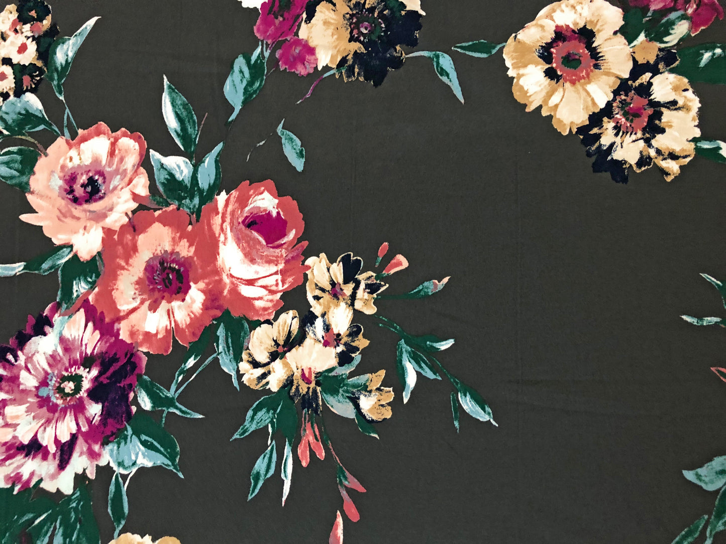 DTY Brushed Fabric| Charcoal Pink Red Flowers |DTYBPR535|Sold by the Yard| Jersey Fabric