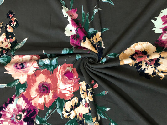 DTY Brushed Fabric| Charcoal Pink Red Flowers |DTYBPR535|Sold by the Yard| Jersey Fabric