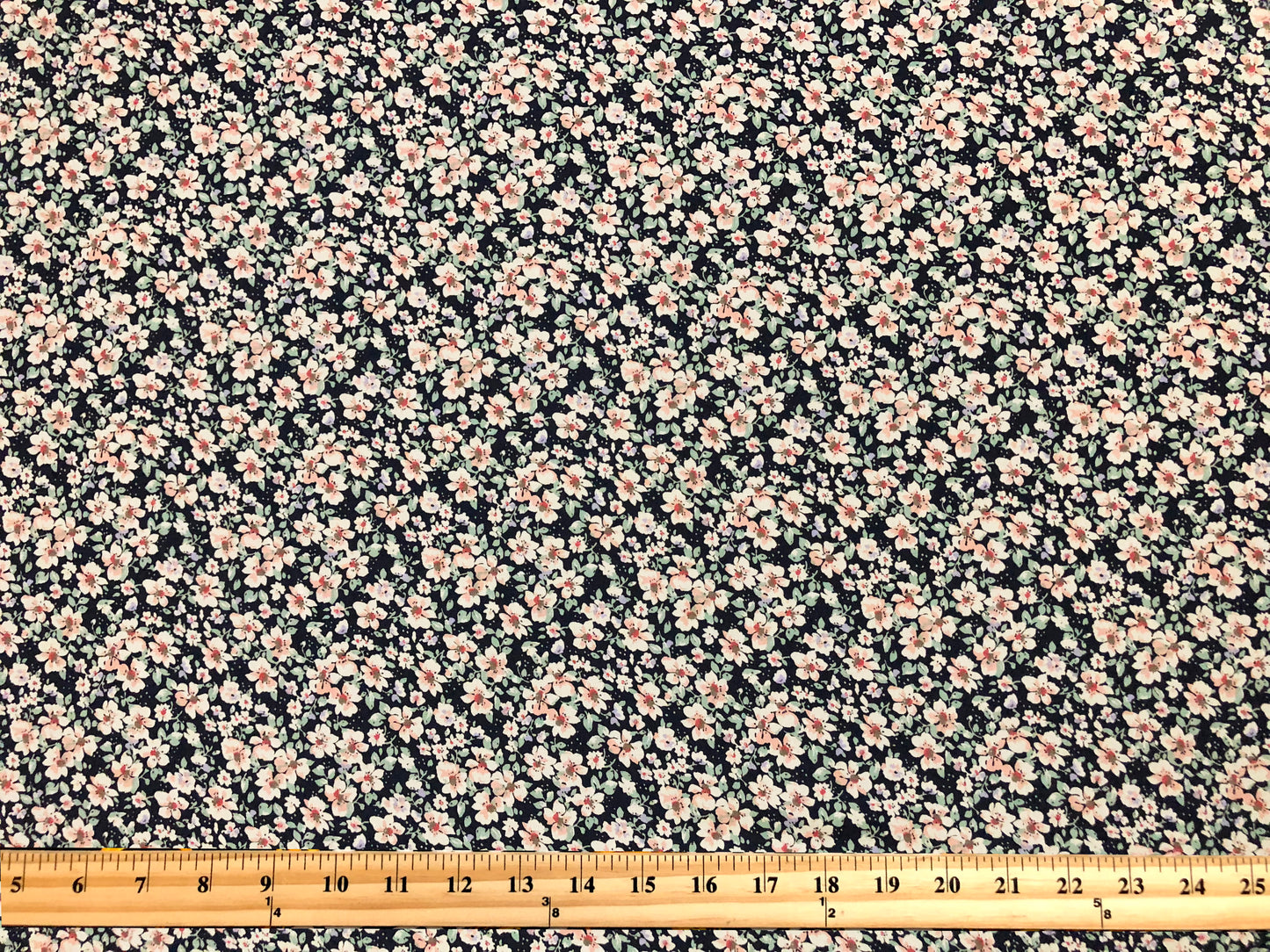 Midnight-Navy Chiffon with Blush & Peach Ditsy Florals — Sheer, 52" Wide, No Stretch — By the Yard (CFPR08)