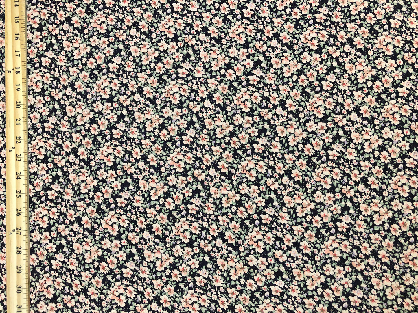 Midnight-Navy Chiffon with Blush & Peach Ditsy Florals — Sheer, 52" Wide, No Stretch — By the Yard (CFPR08)