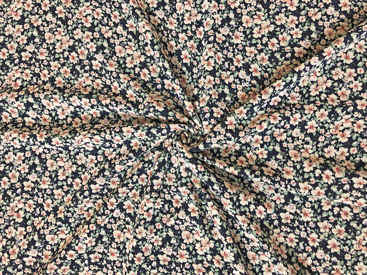 Midnight-Navy Chiffon with Blush & Peach Ditsy Florals — Sheer, 52" Wide, No Stretch — By the Yard (CFPR08)