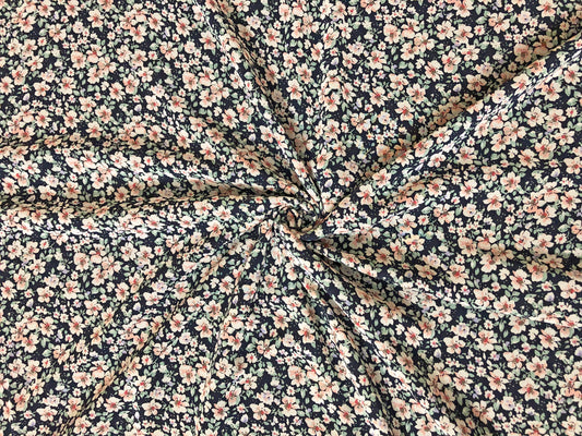 Midnight-Navy Chiffon with Blush & Peach Ditsy Florals — Sheer, 52" Wide, No Stretch — By the Yard (CFPR08)