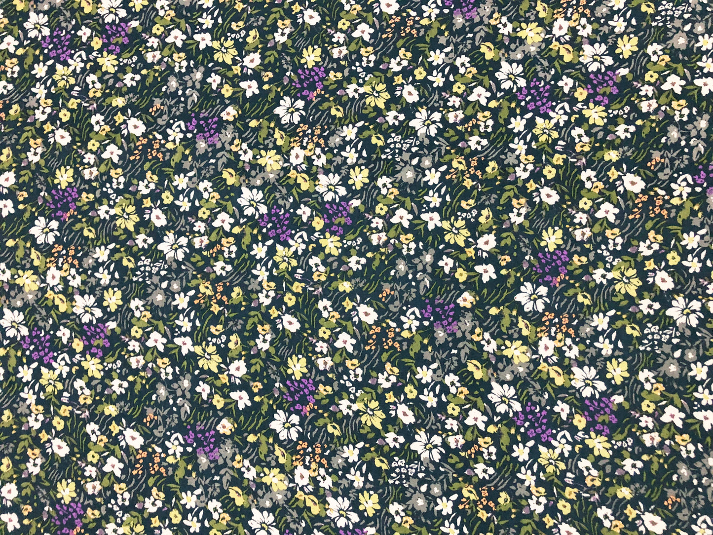 Forest-Green Chiffon with White, Violet & Yellow Ditsy Florals — Sheer, 52" Wide, No Stretch — By the Yard (CFPR09)