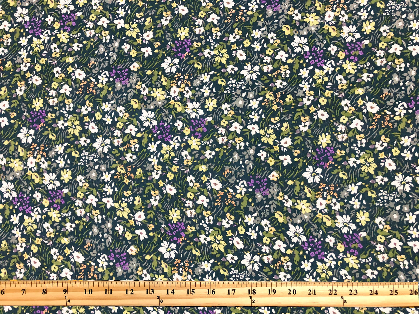 Forest-Green Chiffon with White, Violet & Yellow Ditsy Florals — Sheer, 52" Wide, No Stretch — By the Yard (CFPR09)