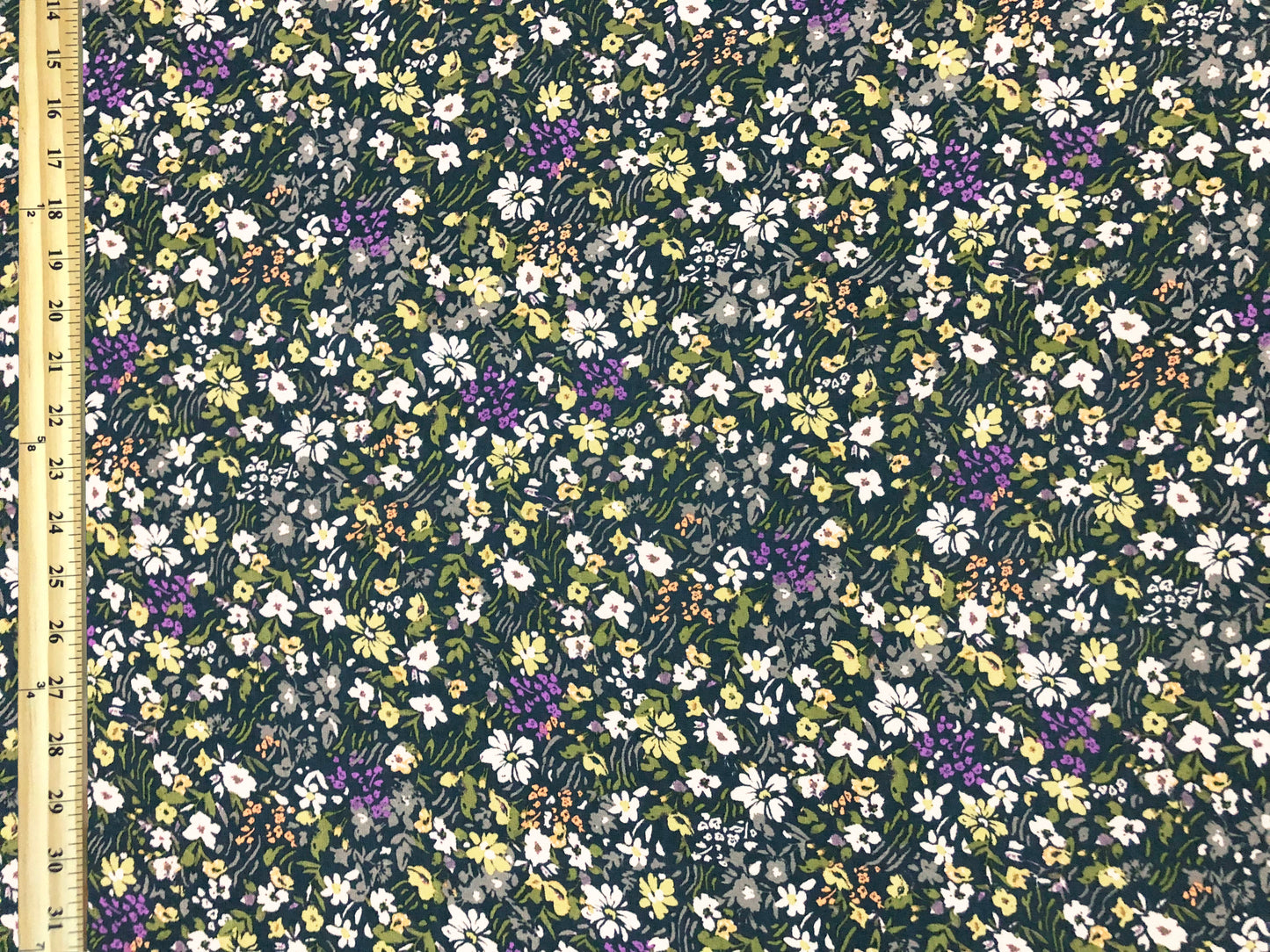 Forest-Green Chiffon with White, Violet & Yellow Ditsy Florals — Sheer, 52" Wide, No Stretch — By the Yard (CFPR09)