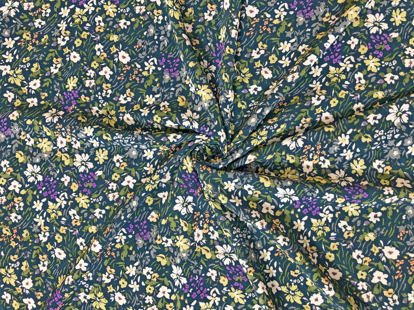 Forest-Green Chiffon with White, Violet & Yellow Ditsy Florals — Sheer, 52" Wide, No Stretch — By the Yard (CFPR09)