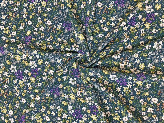 Forest-Green Chiffon with White, Violet & Yellow Ditsy Florals — Sheer, 52" Wide, No Stretch — By the Yard (CFPR09)