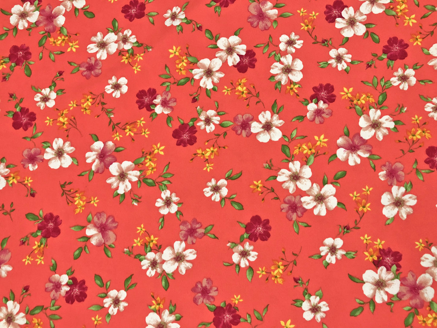 Techno Crepe Knit — Coral Floral/Ivory & Burgundy Blossoms, 4-Way Stretch, 240 GSM, 56" Wide, Wrinkle Resistant - By the Yard (TCRP093)