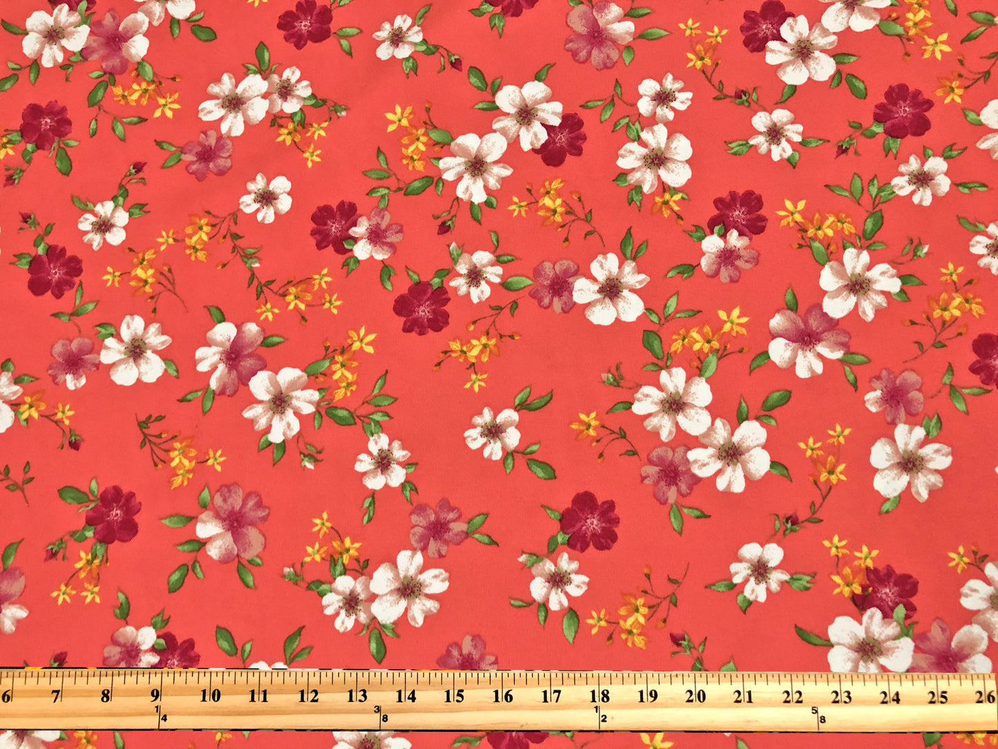 Techno Crepe Knit — Coral Floral/Ivory & Burgundy Blossoms, 4-Way Stretch, 240 GSM, 56" Wide, Wrinkle Resistant - By the Yard (TCRP093)