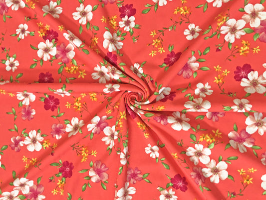 Techno Crepe Knit — Coral Floral/Ivory & Burgundy Blossoms, 4-Way Stretch, 240 GSM, 56" Wide, Wrinkle Resistant - By the Yard (TCRP093)