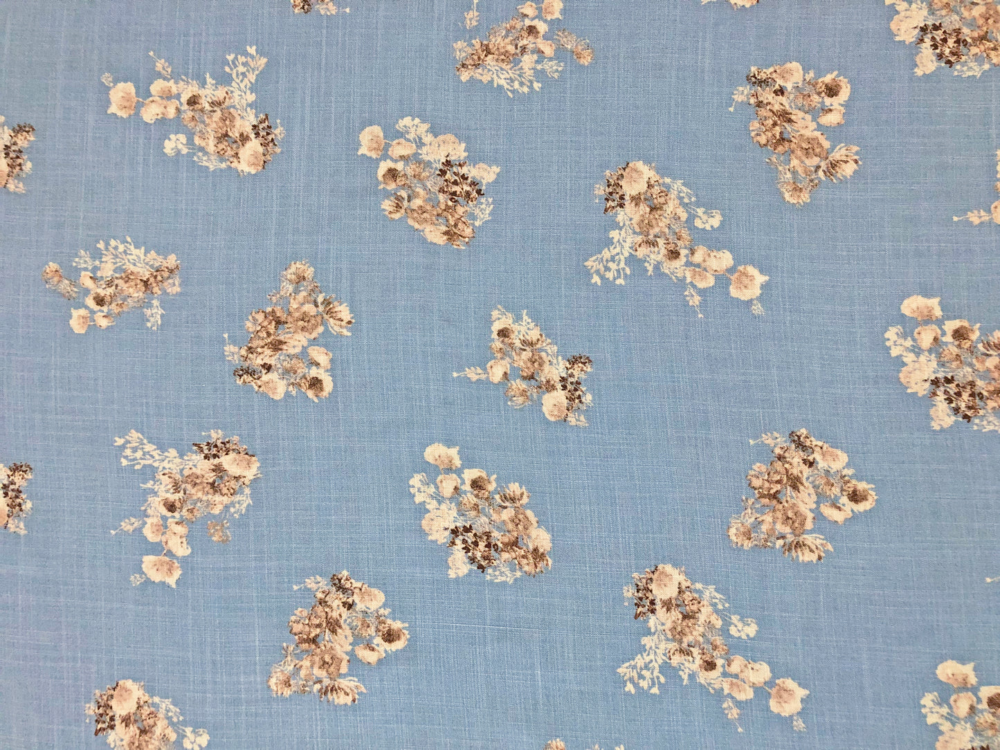 Dusty Blue Rayon Slub with Cream/Taupe Floral Sprigs — 100% Rayon, 52″ Wide — Fabric by the Yard (RSLPR02)