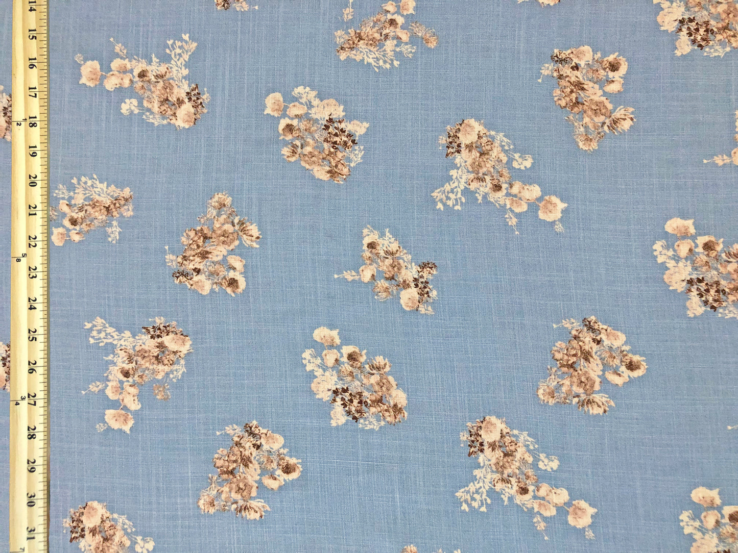 Dusty Blue Rayon Slub with Cream/Taupe Floral Sprigs — 100% Rayon, 52″ Wide — Fabric by the Yard (RSLPR02)