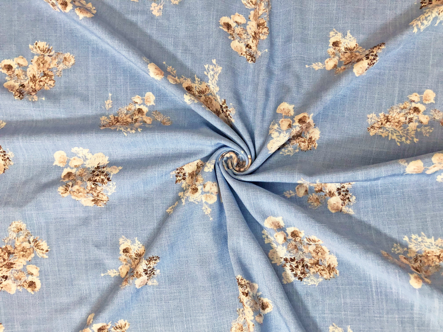 Dusty Blue Rayon Slub with Cream/Taupe Floral Sprigs — 100% Rayon, 52″ Wide — Fabric by the Yard (RSLPR02)