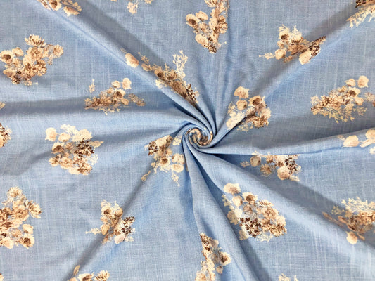 Dusty Blue Rayon Slub with Cream/Taupe Floral Sprigs — 100% Rayon, 52″ Wide — Fabric by the Yard (RSLPR02)