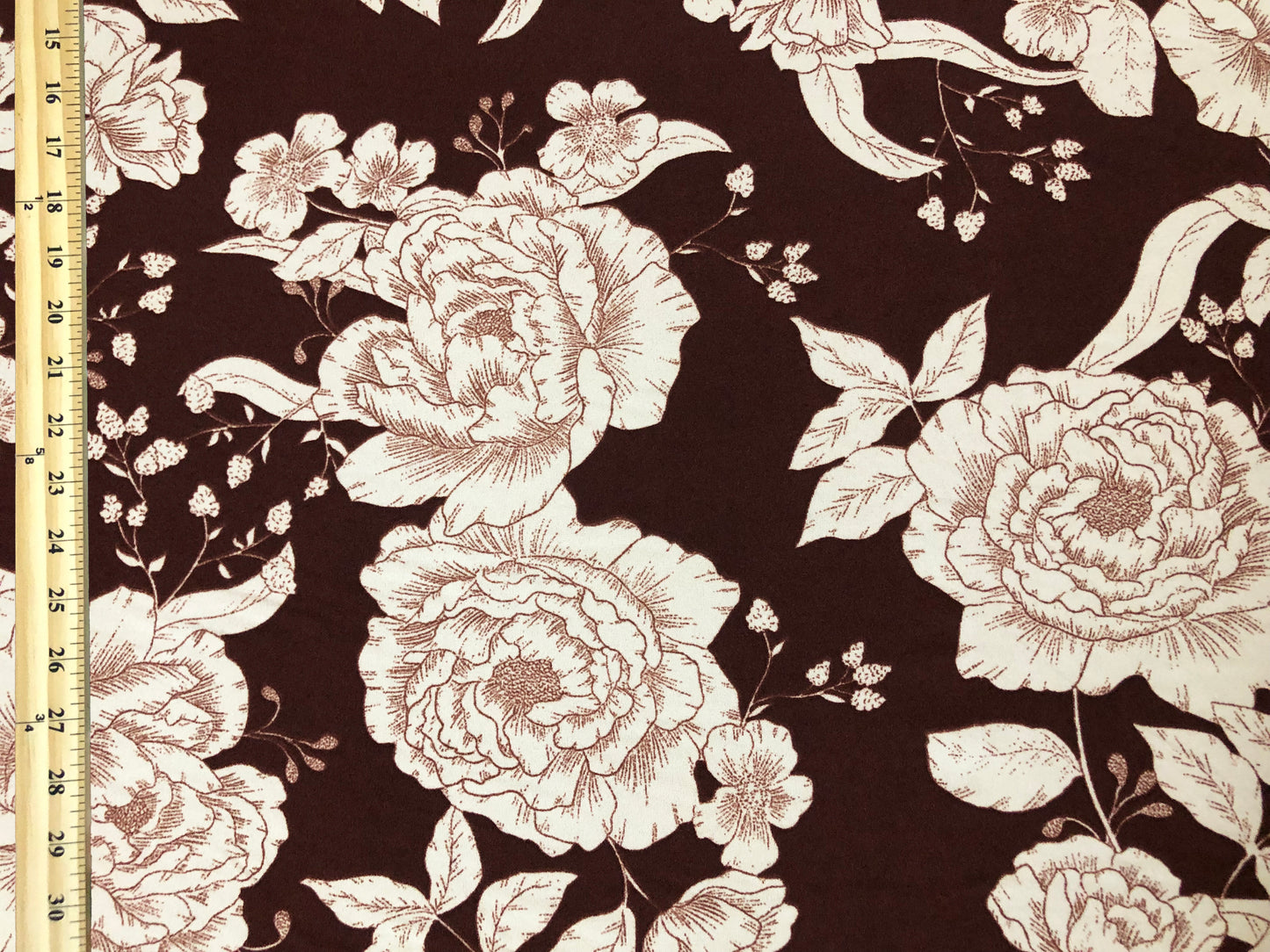 Techno Crepe Knit Fabric – Silky Drape, 4-Way Stretch, Wrinkle-Resistant, 56″ Wide, 240 GSM – Dark Chocolate/Ivory Sketch Floral – Sold by the Yard (TCRP021)