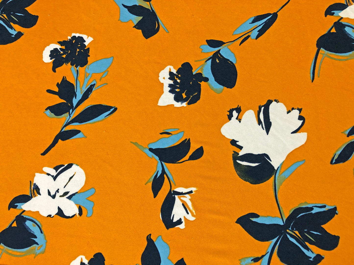 Crepe Knit Fabric – Mustard Ochre with Ivory Blossoms & Navy/Teal Leaves – 4-Way Stretch, 56" Wide, 240 GSM, Silky Drape – Sold by the Yard (TCRP035)