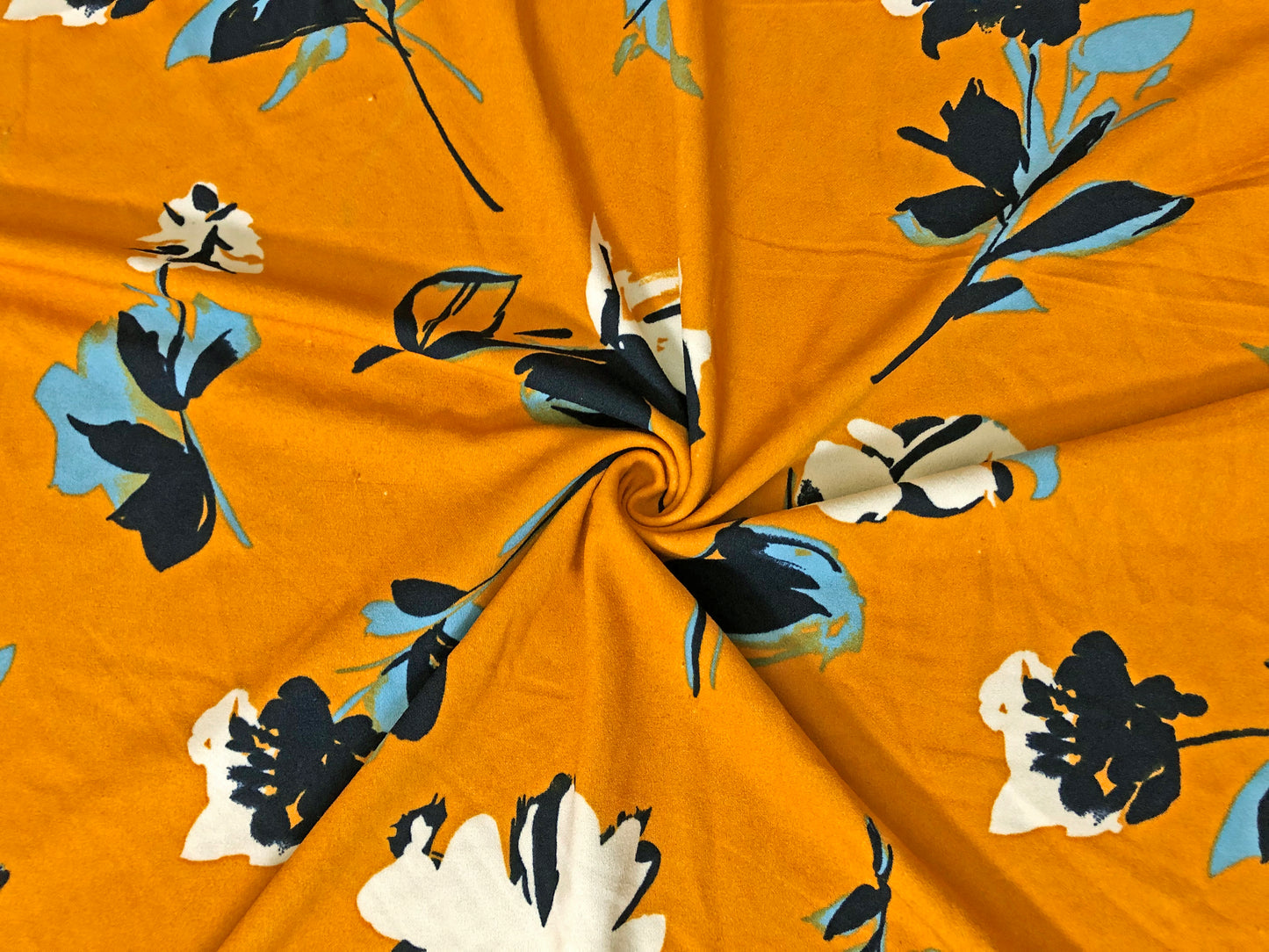 Crepe Knit Fabric – Mustard Ochre with Ivory Blossoms & Navy/Teal Leaves – 4-Way Stretch, 56" Wide, 240 GSM, Silky Drape – Sold by the Yard (TCRP035)