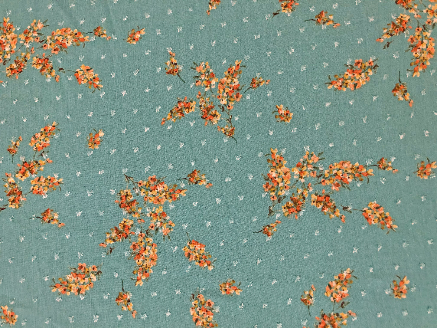 Dusty Green Swiss Dot Rayon Gauze with Orange Wildflower Sprigs — 100% Rayon, 52″ Wide — Fabric by the Yard (RGZPR016)