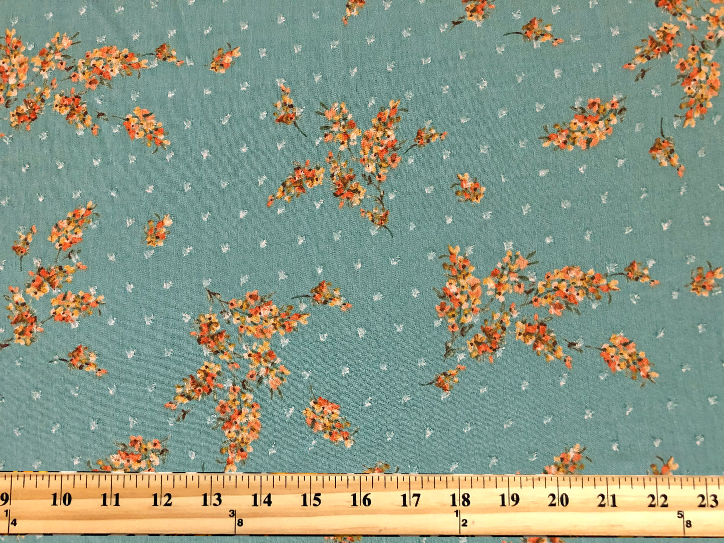 Dusty Green Swiss Dot Rayon Gauze with Orange Wildflower Sprigs — 100% Rayon, 52″ Wide — Fabric by the Yard (RGZPR016)