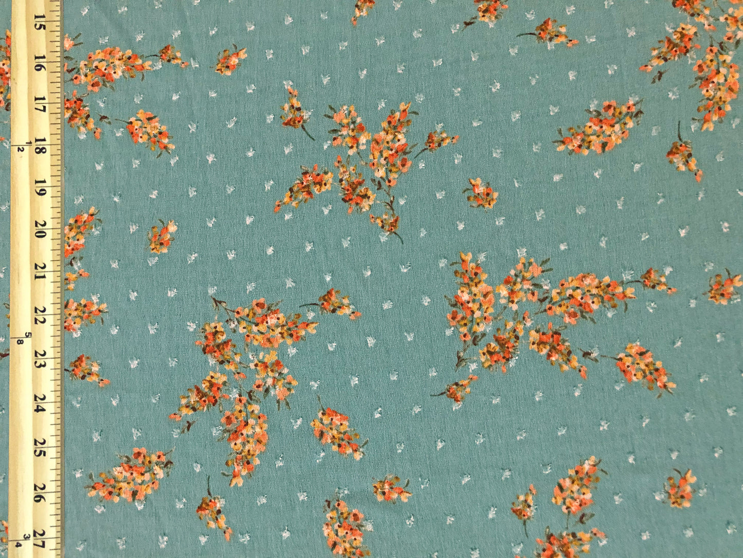 Dusty Green Swiss Dot Rayon Gauze with Orange Wildflower Sprigs — 100% Rayon, 52″ Wide — Fabric by the Yard (RGZPR016)