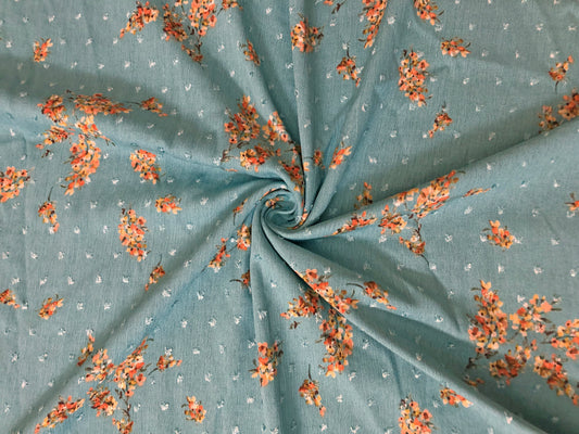 Dusty Green Swiss Dot Rayon Gauze with Orange Wildflower Sprigs — 100% Rayon, 52″ Wide — Fabric by the Yard (RGZPR016)