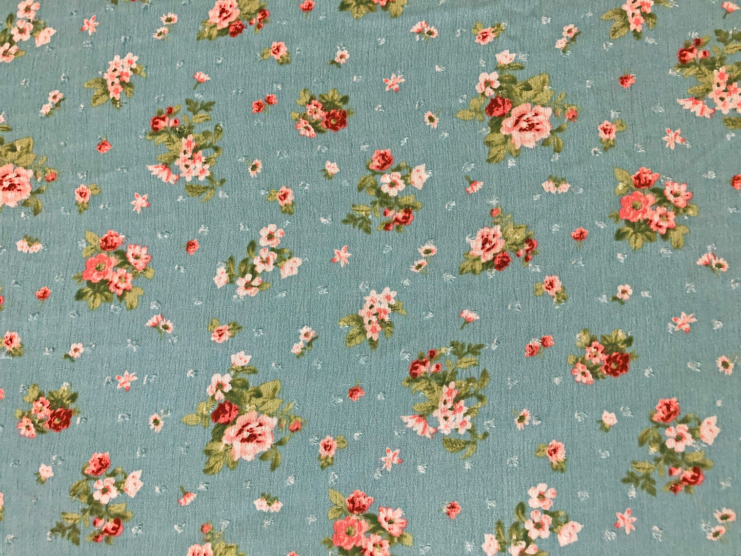 Dusty Green Swiss Dot Rayon Gauze with Pink/White Vintage Roses & Olive Leaves — 100% Rayon, 52″ Wide — Fabric by the Yard (RGZPR013)