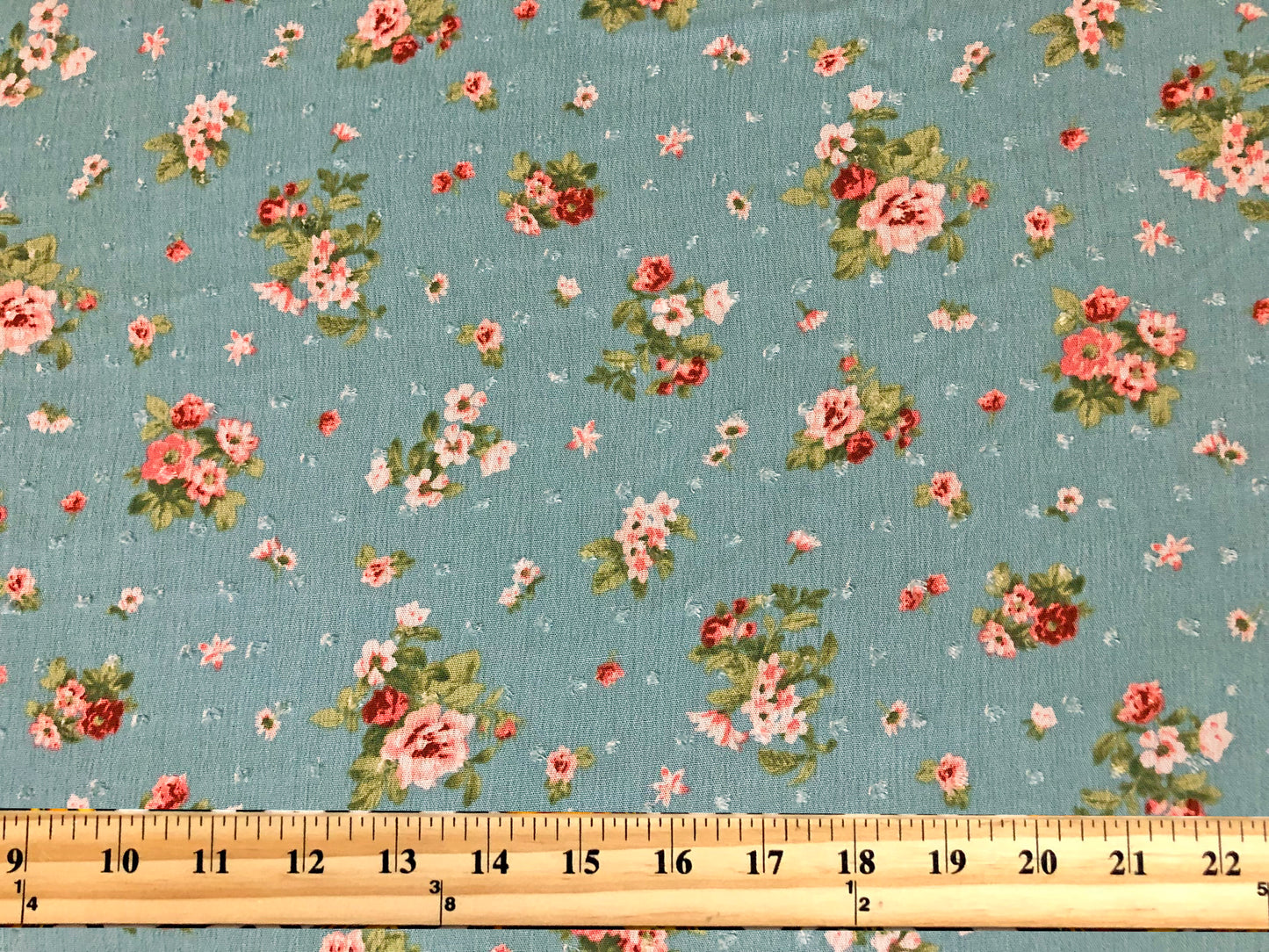 Dusty Green Swiss Dot Rayon Gauze with Pink/White Vintage Roses & Olive Leaves — 100% Rayon, 52″ Wide — Fabric by the Yard (RGZPR013)