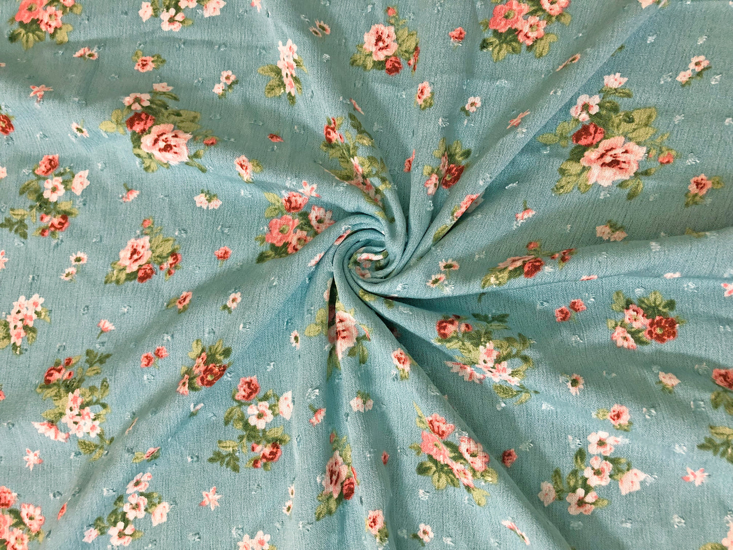 Dusty Green Swiss Dot Rayon Gauze with Pink/White Vintage Roses & Olive Leaves — 100% Rayon, 52″ Wide — Fabric by the Yard (RGZPR013)