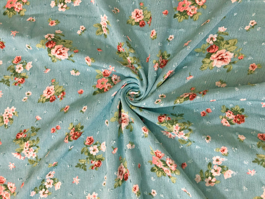 Dusty Green Swiss Dot Rayon Gauze with Pink/White Vintage Roses & Olive Leaves — 100% Rayon, 52″ Wide — Fabric by the Yard (RGZPR013)