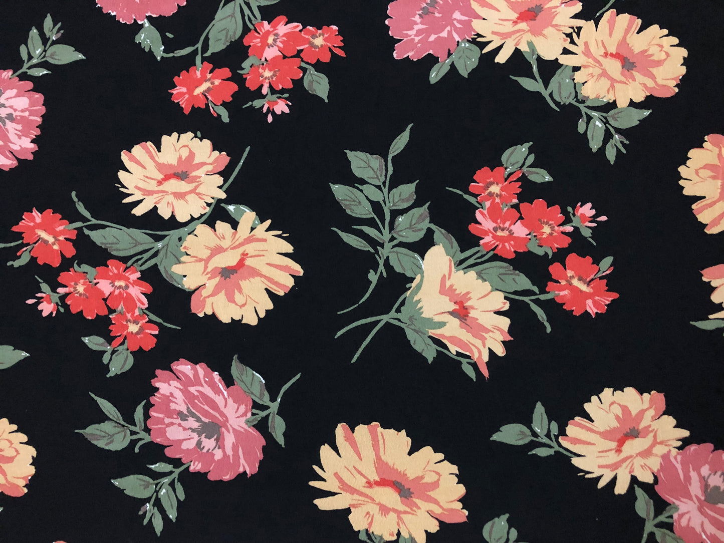Black Chiffon with Butter-Yellow, Coral & Blush Florals — Sheer, 52" Wide, No Stretch — By the Yard (CFPR010)