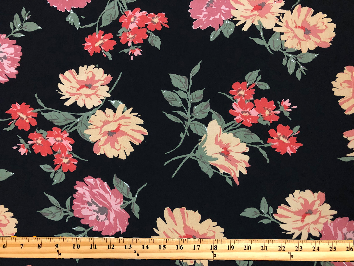 Black Chiffon with Butter-Yellow, Coral & Blush Florals — Sheer, 52" Wide, No Stretch — By the Yard (CFPR010)