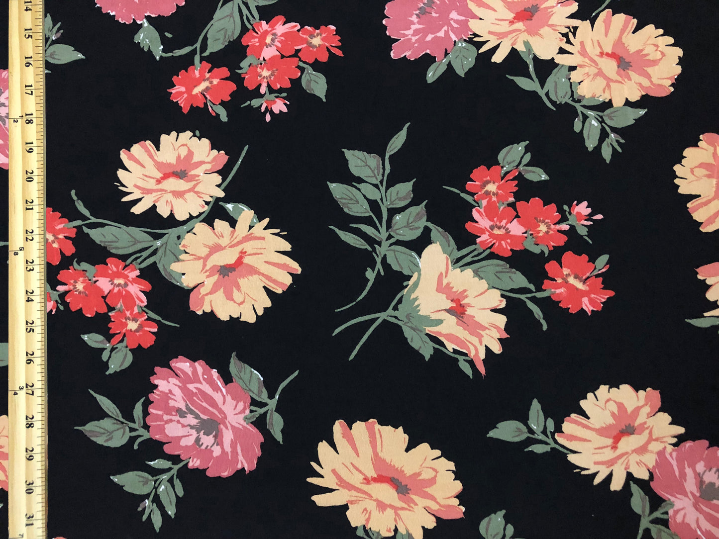 Black Chiffon with Butter-Yellow, Coral & Blush Florals — Sheer, 52" Wide, No Stretch — By the Yard (CFPR010)