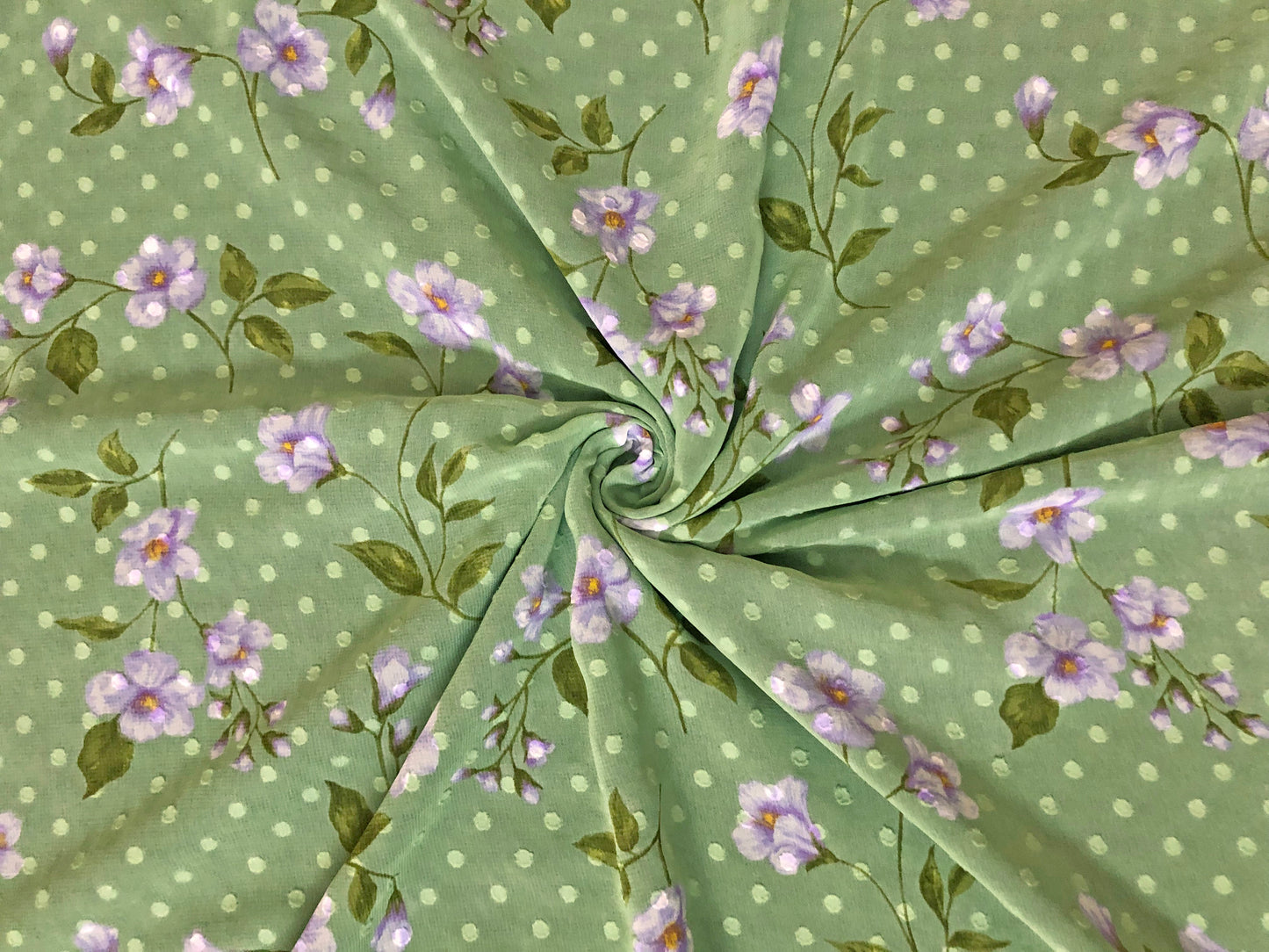 Sage-Green Swiss-Dot Chiffon with Lavender Floral — Sheer, 52" Wide, No Stretch — Sold by the Yard (CFPR003)