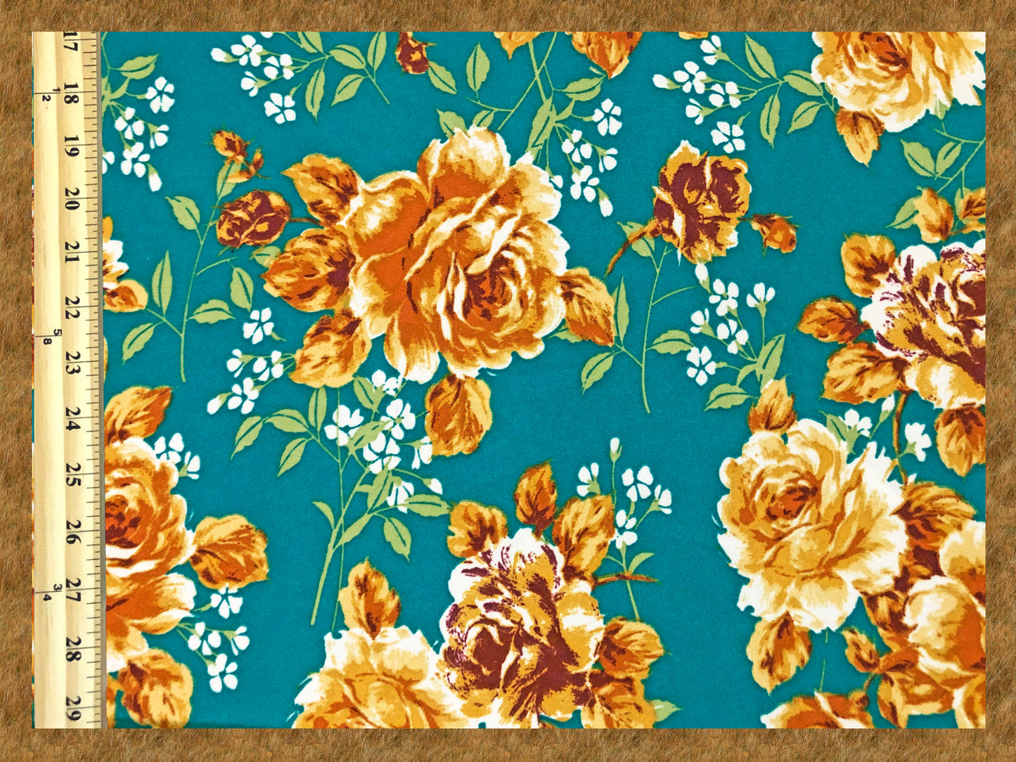 Techno Crepe Knit Fabric – Silky Drape, 4-Way Stretch, Wrinkle-Resistant, 56″, 240 GSM – Mint & Mustard Rose Floral – Sold by the Yard (TCRP024)