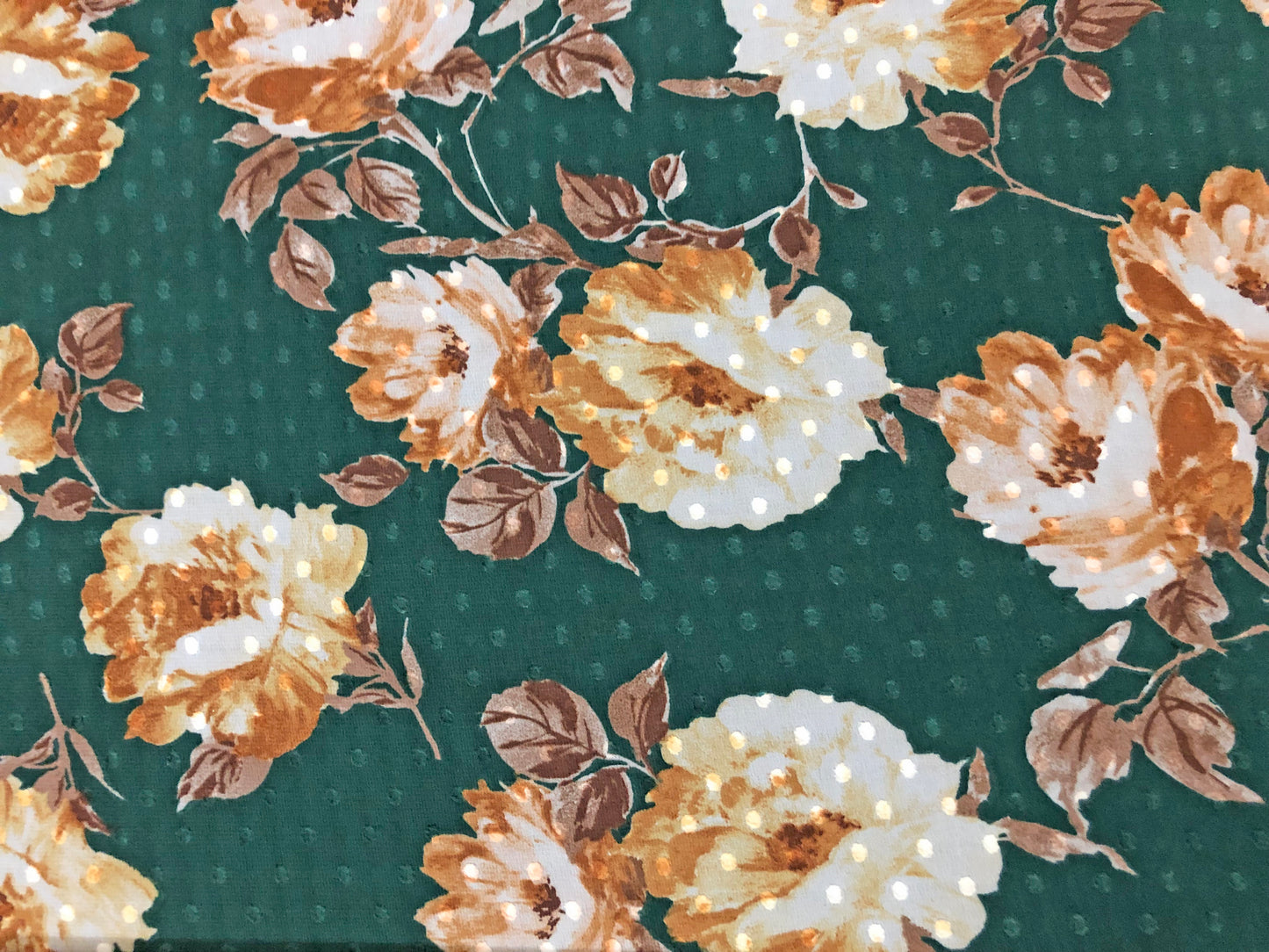 Emerald-Green Swiss-Dot Chiffon with Caramel & Ivory Roses — Sheer, 52" Wide, No Stretch — By the Yard- (CFPR004)