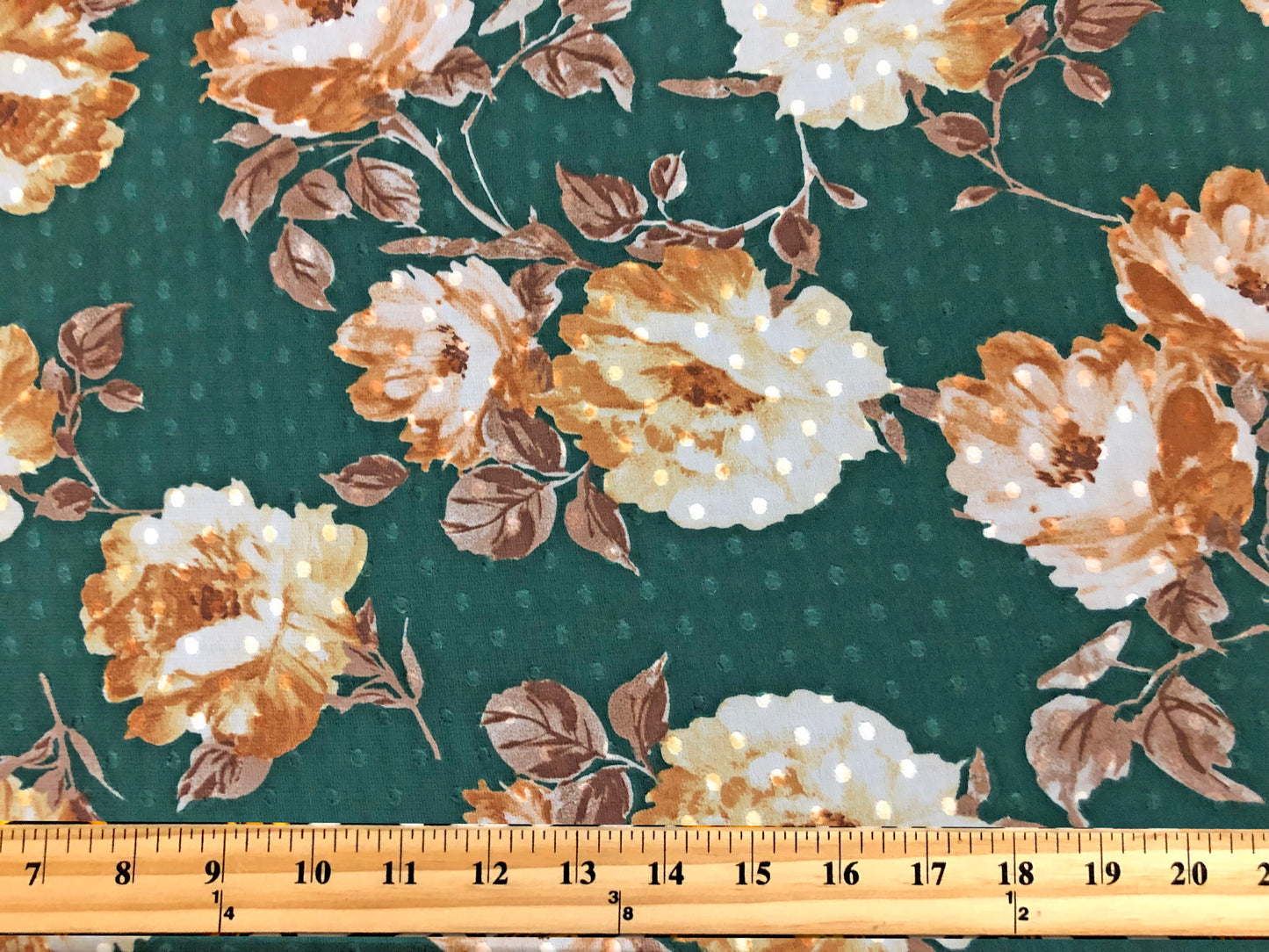 Emerald-Green Swiss-Dot Chiffon with Caramel & Ivory Roses — Sheer, 52" Wide, No Stretch — By the Yard- (CFPR004)