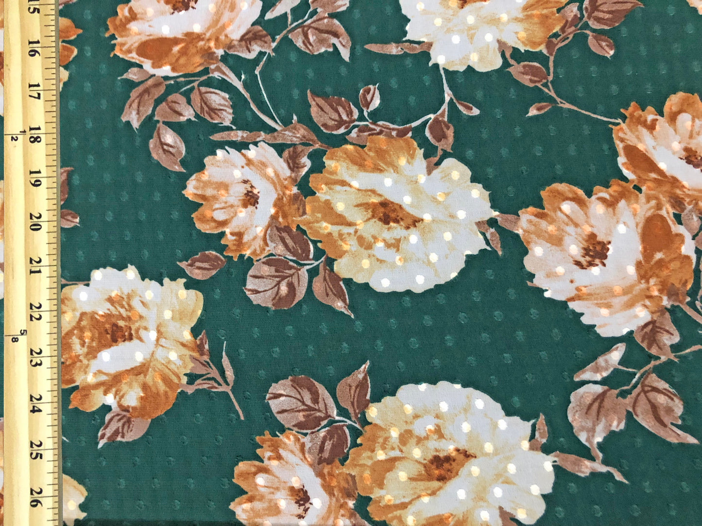 Emerald-Green Swiss-Dot Chiffon with Caramel & Ivory Roses — Sheer, 52" Wide, No Stretch — By the Yard- (CFPR004)