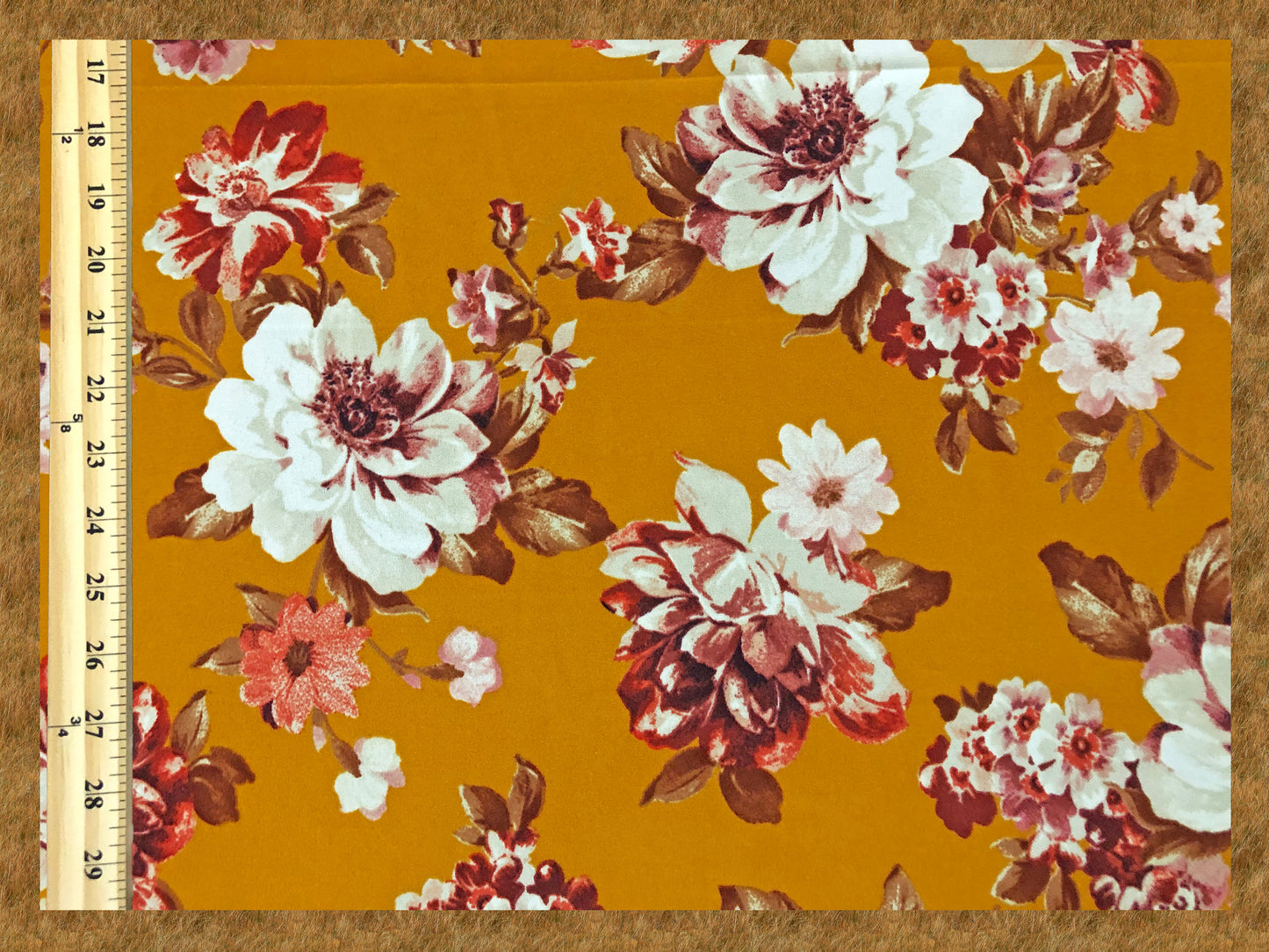 Techno Crepe Knit Fabric – Golden Mustard with Ivory & Blush Roses, Bronze Leaves – 4-Way Stretch, 56" Wide, 240 GSM, Silky Drape (TCRP028)