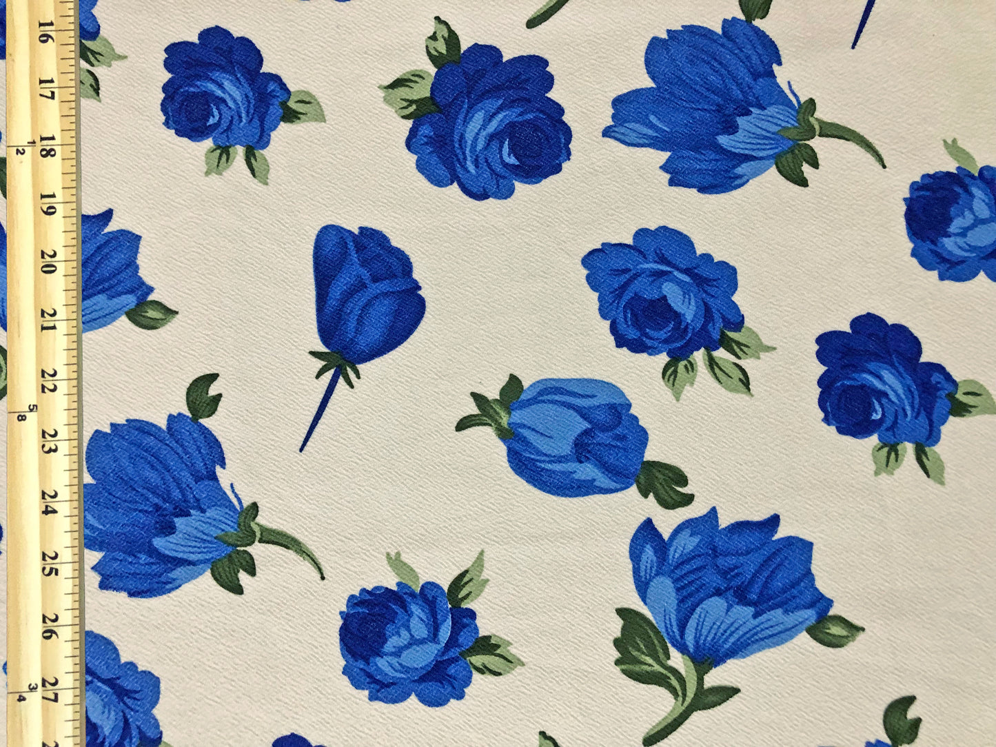 Liverpool Knit – Deep Blue Vintage Roses Garden on Ivory – 4-Way Stretch, 200 GSM, 56" Wide – Sold by the Yard (LVPR333)