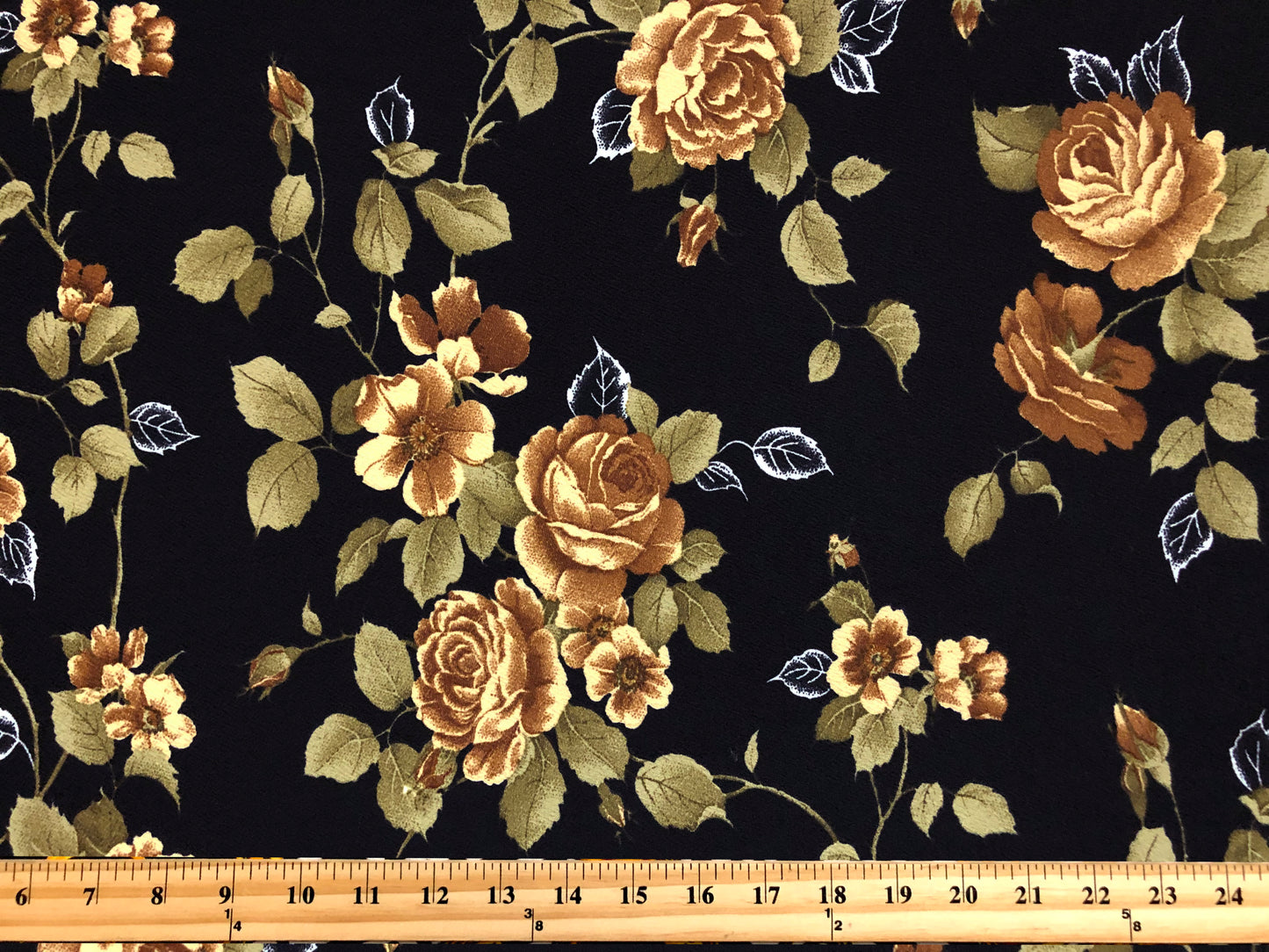 Liverpool Knit Printed Fabric-Black Brown Olive Roses Bouquet-LVPR335-Sold by the Yard-Apparel Fabric