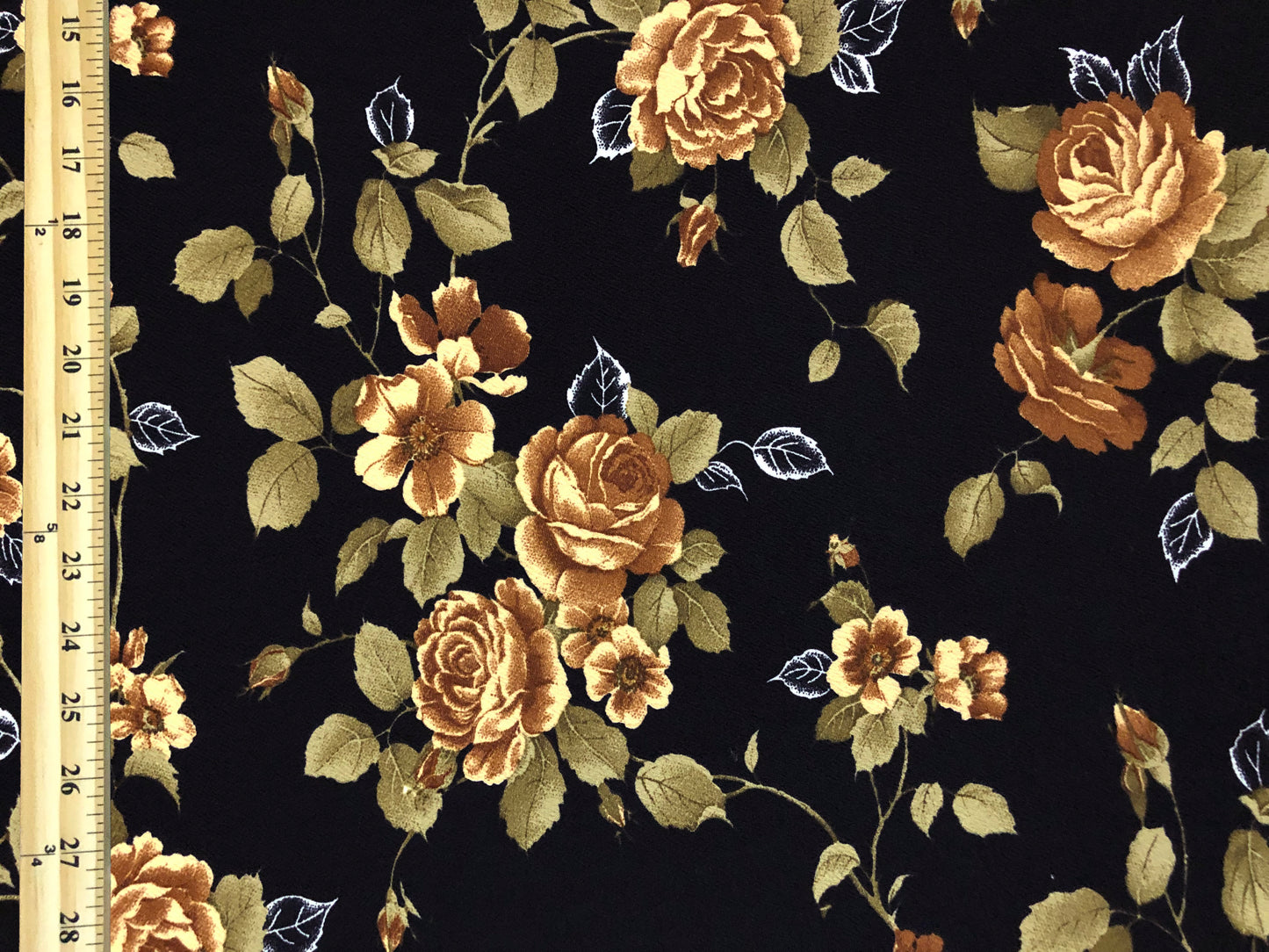Liverpool Knit – Brown & Gold Antique Rose Vine on Black – 4-Way Stretch, 200 GSM, 56" Wide – Sold by the Yard (LVPR335)