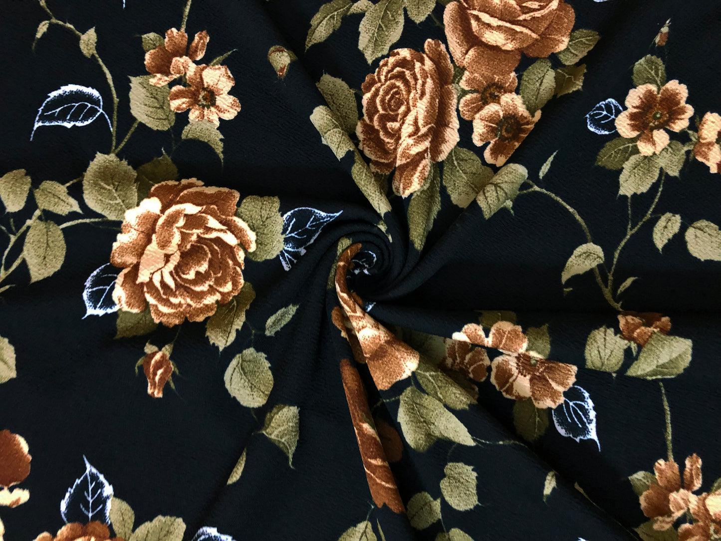 Liverpool Knit Printed Fabric-Black Brown Olive Roses Bouquet-LVPR335-Sold by the Yard-Apparel Fabric