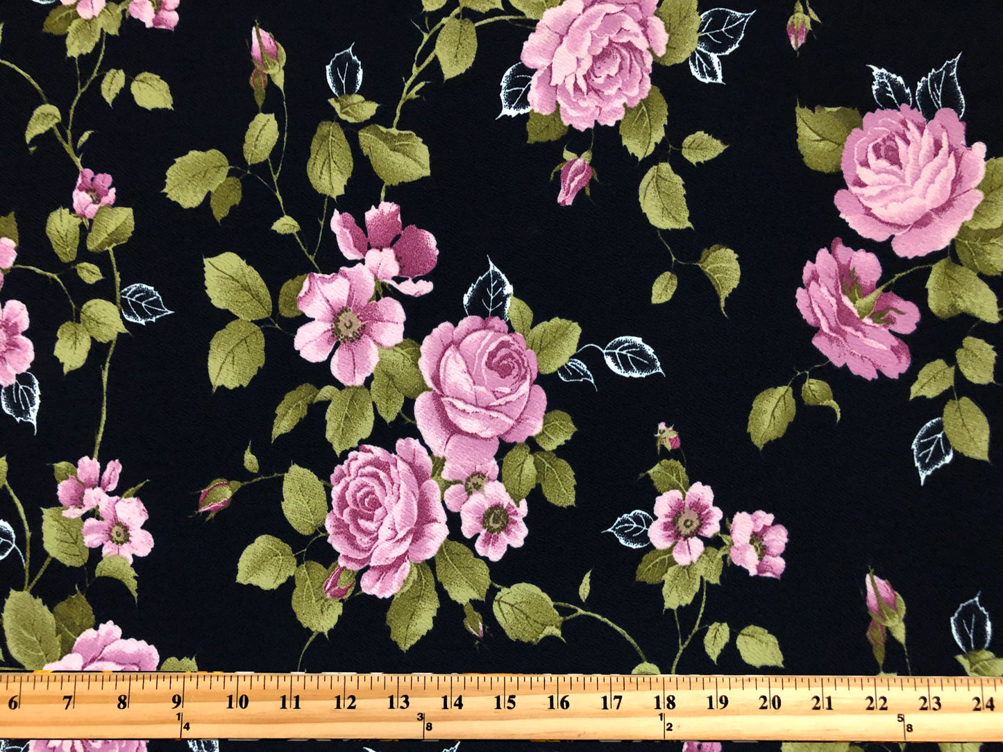 Liverpool Knit Printed Fabric-Black Lavender Olive Roses Bouquet-LVPR336-Sold by the Yard-Apparel Fabric