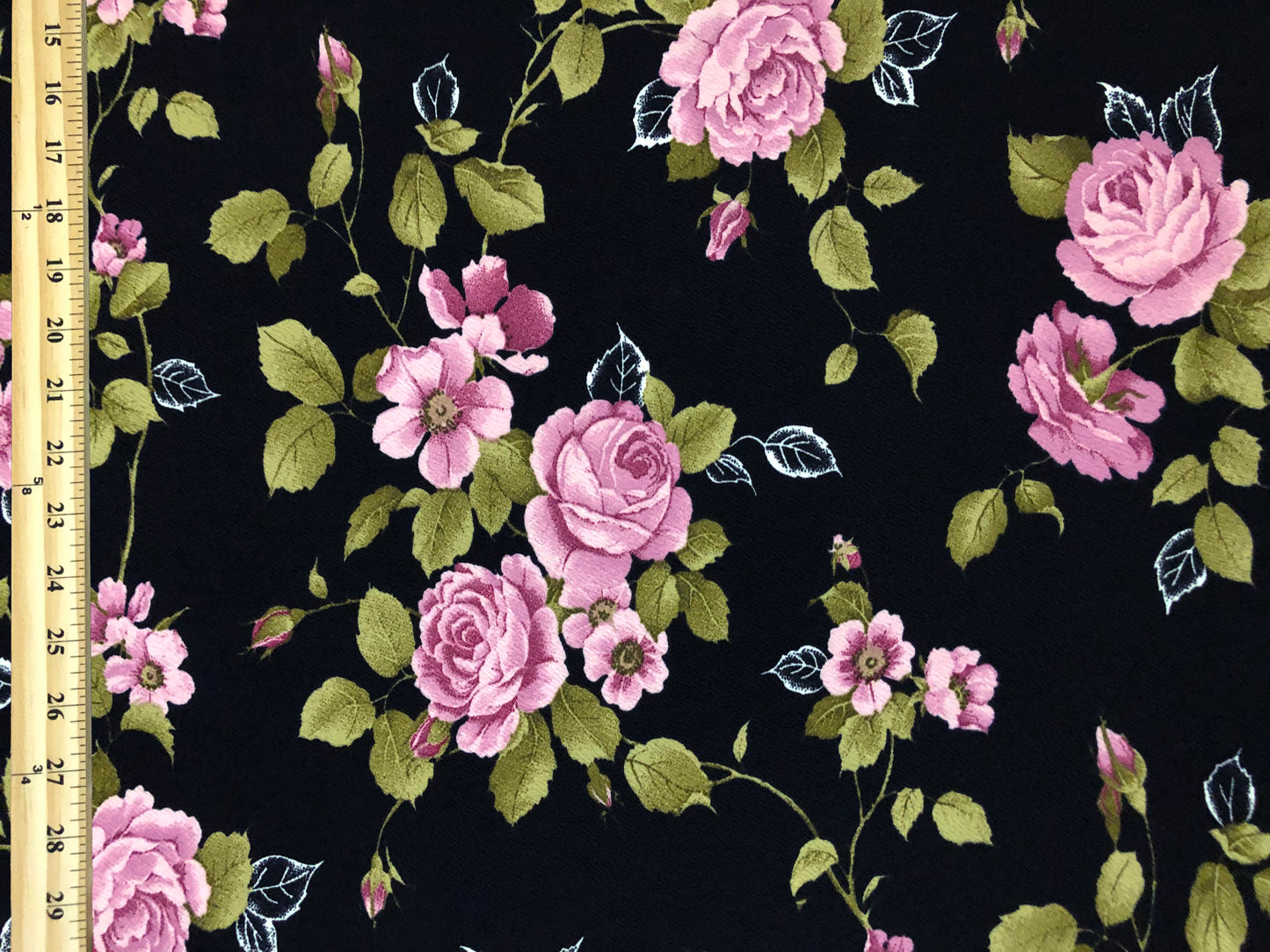 Liverpool Knit – Pink & Lavender Roses Antique Rose Vine on Black – 4-Way Stretch, 200 GSM, 56" Wide – Sold by the Yard (LVPR336)