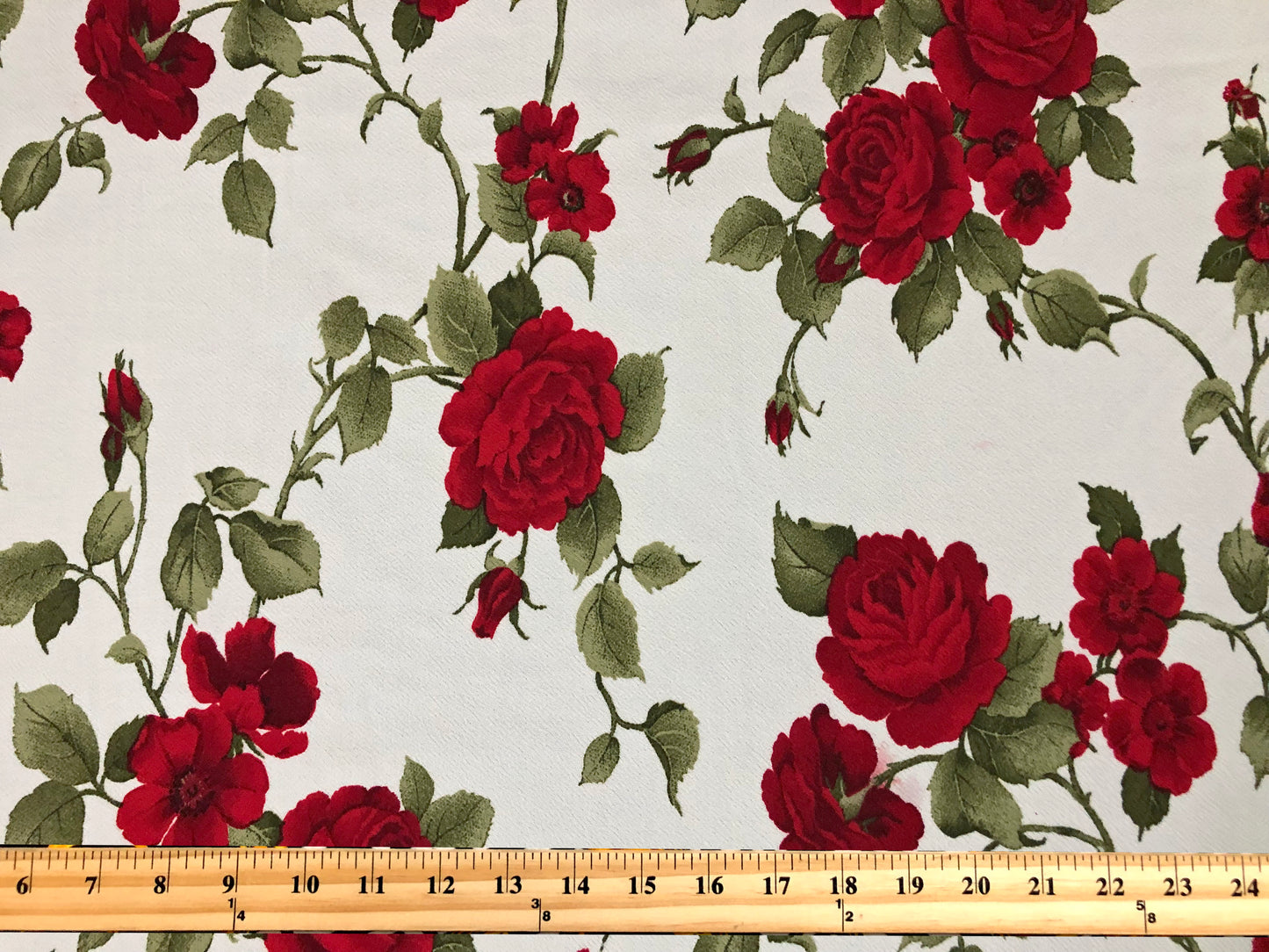 Liverpool Knit Printed Fabric-Ivory Red Olive Roses Bouquet-LVPR341-Sold by the Yard-Apparel Fabric