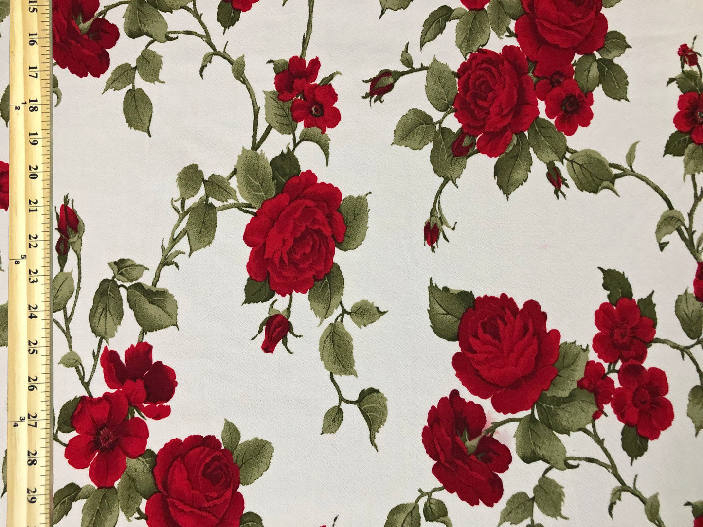 Liverpool Knit – Red Antique Rose Vine on Ivory – 4-Way Stretch, 200 GSM, 56" Wide – Sold by the Yard (LVPR341)