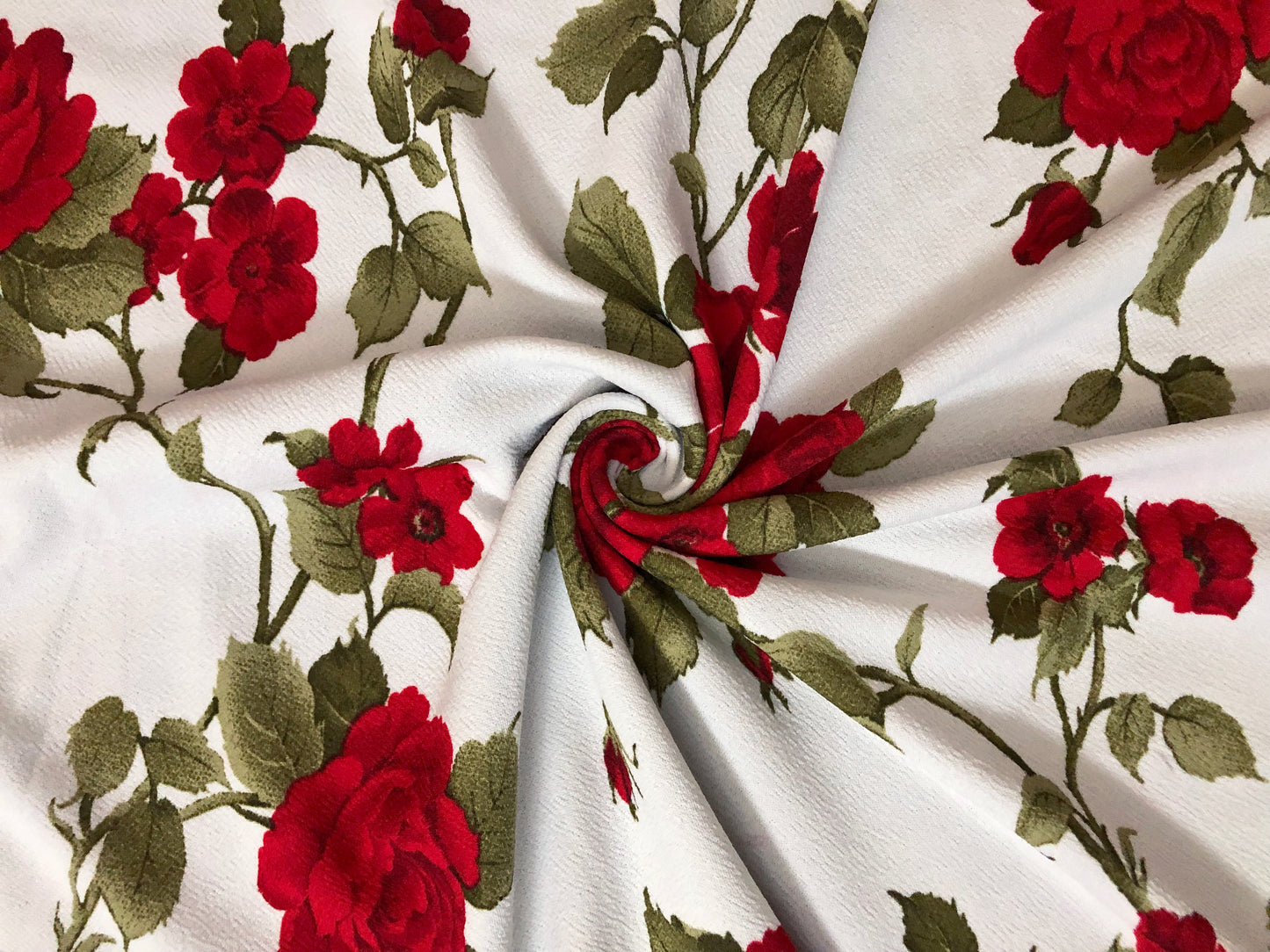 Liverpool Knit Printed Fabric-Ivory Red Olive Roses Bouquet-LVPR341-Sold by the Yard-Apparel Fabric