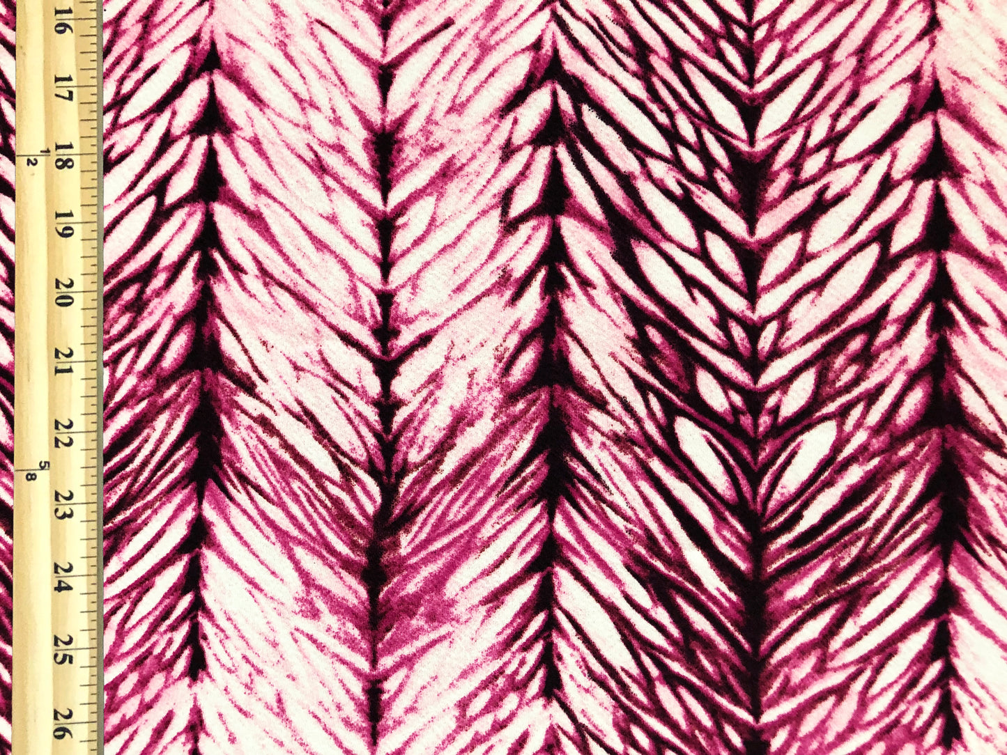 Liverpool Knit – Fuchsia with Black Feather Herringbone on Ivory – 4-Way Stretch, 200 GSM, 56" Wide – Sold by the Yard (LVPR344)
